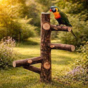 May include: A multi-level bird perch constructed from natural wood logs with a central vertical post and four horizontal branches extending at different heights. A colourful parrot with green, orange, and blue feathers is perched on the top branch.