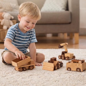 Wooden Toy Cars Set, 11 Educational Vehicles for Toddlers, Fire Truck Excavator Dump Truck Tractor