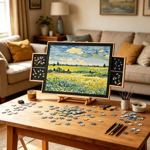 May include: A wooden jigsaw puzzle board with side sorting trays holds a partially completed landscape puzzle featuring a yellow field under a blue sky. Loose puzzle pieces are scattered across the wooden table surface alongside pens and a small bowl.