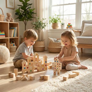May include: Two children playing with wooden building blocks on a light-coloured rug. The blocks are natural wood with colourful gem accents. One child is building a castle, while the other constructs a robot. The room has a window and plants.