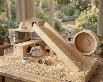 Natuurlijke houten decoratie gouden hamster | Klimglijbaan, entertainmentkooi voor hamsteractiviteiten en plezier
