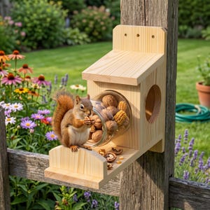 Könnte beinhalten: Ein helles Eichhörnchen-Futterhaus aus Holz zur Montage an einem Pfosten, mit schrägem Dach, einer runden Seitenöffnung und einem klaren Glasgefäß gefüllt mit Nüssen und Maiskörnern, während ein kleines braunes Eichhörnchen auf der Plattform frisst.