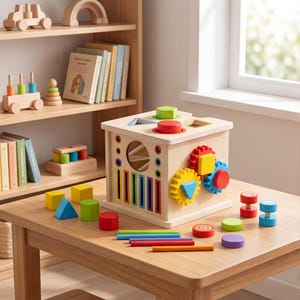 May include: A wooden activity cube featuring various colorful shapes, gears, and slots for sorting. The cube includes a top panel with a red circular block and a green hexagonal block, plus several loose wooden pieces like cylinders, triangles, and rods.