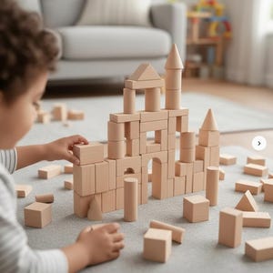 May include: A child constructing a castle from wooden building blocks. The blocks are in various shapes, including cubes, cylinders, and triangular prisms. The castle features towers and arched doorways. The blocks are a natural wood colour. The child wears a striped top.