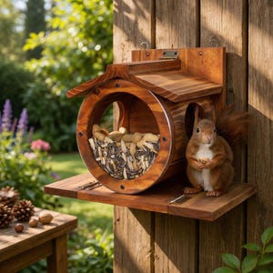 Könnte beinhalten: Ein Eichhörnchen-Futterhaus aus Holz mit einer runden Öffnung an der Vorderseite und einer flachen Bodenplatte. Das Futterhaus ist mit Erdnüssen in der Schale und Sonnenblumenkernen gefüllt. Ein kleines braunes Eichhörnchen sitzt auf der Plattform.