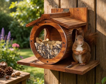 Wooden Wall Mounted Squirrel Feeder, Outdoor Bird Feeder, Garden Pet Feeding Station, Wooden Hamster Feeder with Dual Side Feeding Holes