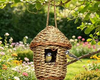 Handwoven Hanging Bird Nest Decor, Outdoor Garden Hummingbird House, Straw Woven Courtyard Ornament for Backyard and Patio