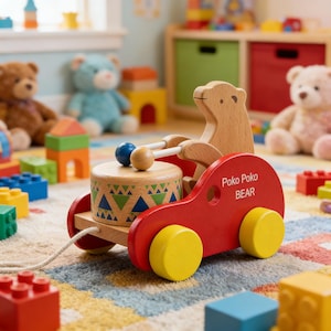 Dragleksak i trä för småbarn, björntrumma, vagn med björnträ, läroleksak i bokträ för bebisar, Montessorileksak för tidig utbildning, present till småbarn
