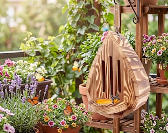Wooden Butterfly House with Feeder, Hanging Garden Butterfly Habitat