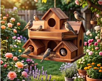 Wooden Multi-Chamber Bird House Feeder, Pine Wood Nesting Box with Feeding Tray