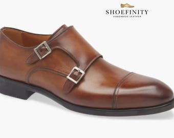 Zapatos formales de doble hebilla de piel de vacuno marrón de dos tonos hechos a mano