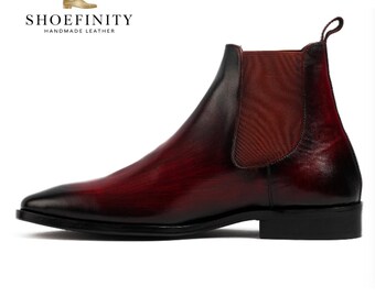 Botas Chelsea de piel auténtica hechas a mano para hombre - Como Borgoña