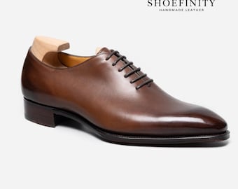 Zapatos Oxford de vestir hechos a mano en cuero marrón de plena flor – Calzado clásico formal con cordones para hombre