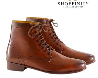 Botines de piel flor marrón hechos a mano – Botas de vestir con cordones