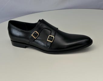 Handmade Black Cowhide Leather Double Monk Strap Formal Shoes Gift For Her