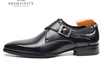 Zapatos de vestir de cuero negro hechos a mano con un solo monje para hombre