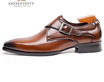 Zapatos de vestir de cuero marrón hechos a mano con un solo monje para hombre