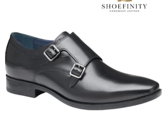 Zapatos formales de doble hebilla de piel de vaca negra hechos a mano para hombre