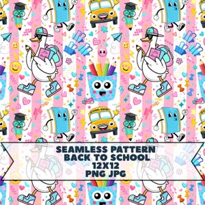 May include: A seamless pattern featuring cartoon characters on a pink and white striped background. Elements include a goose with a backpack, a yellow school bus, a blue book, a pencil with glasses, and a pencil holder. Text reads: SEAMLESS PATTERN BACK TO SCHOOL 12X12 PNG JPG.