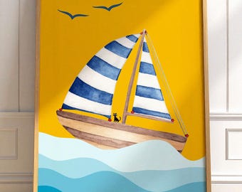 Sailing Boat Wall Art, Nautical Decor, Minimalist Print, Ocean Waves Print (PDF)