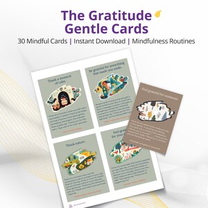 May include: A set of "The Gratitude Gentle Cards" with 30 mindful cards, instant download, and mindfulness routines. The cards feature illustrations and text prompts for gratitude and reflection. The design includes a logo for Rainy Things.
