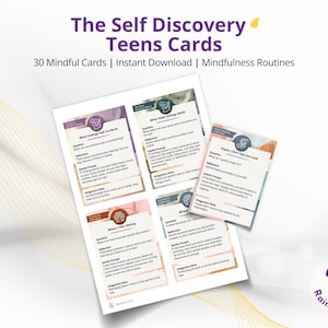 May include: A set of "The Self Discovery Teens Cards" with 30 mindful cards. The cards feature a variety of colours, including purple, blue, and pink. The text on the cards includes questions, reflections, and gentle prompts. The Rainy Things logo is in the bottom right corner.