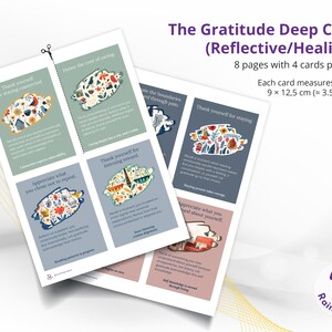 May include: The Gratitude Deep Cards (Reflective/Healing) are shown. Each card measures approximately 9 x 12.5 cm. The cards have colourful illustrations and text, with phrases like "Thank yourself for staying connected" and "Appreciate what you choose not to repeat."