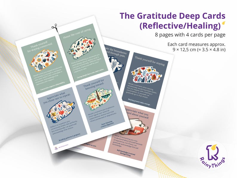 May include: The Gratitude Deep Cards (Reflective/Healing) are shown. Each card measures approximately 9 x 12.5 cm. The cards have colourful illustrations and text, with phrases like "Thank yourself for staying connected" and "Appreciate what you choose not to repeat."