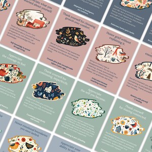 May include: A set of illustrated cards with floral and bird motifs. Each card has a title and text, including phrases like "Appreciate what you learned about yourself" and "Thank yourself for choosing growth over comfort."