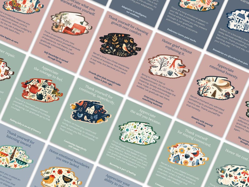 May include: A set of illustrated cards with floral and bird motifs. Each card has a title and text, including phrases like "Appreciate what you learned about yourself" and "Thank yourself for choosing growth over comfort."