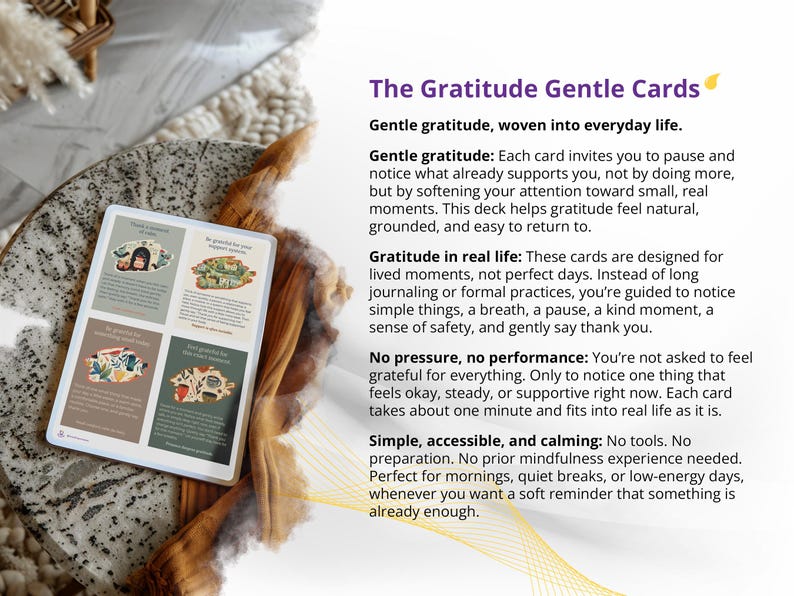 May include: A deck of "The Gratitude Gentle Cards" with four illustrated cards visible. The cards are on a white background, with text describing gratitude practices. The cards are on a textured surface.