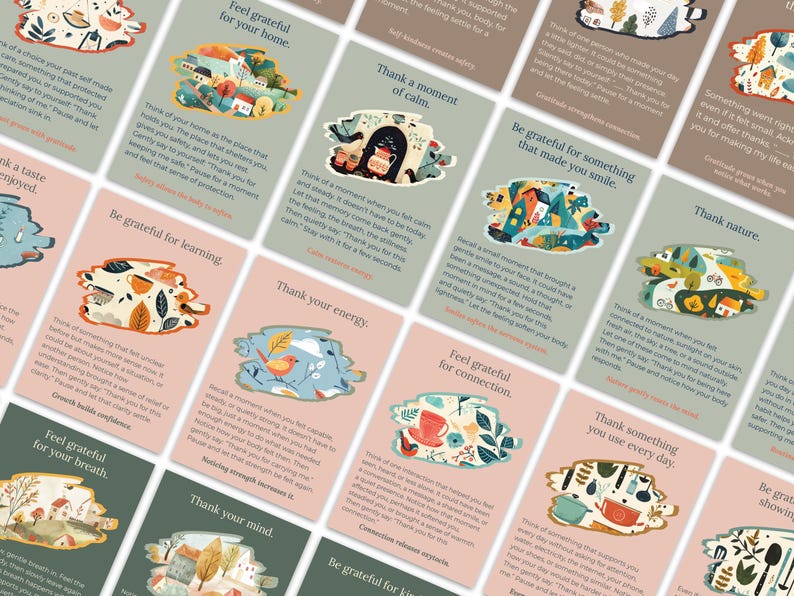 May include: A collection of gratitude cards with various illustrations and text. Each card features a unique design with phrases like "Feel grateful for your home" and "Thank a moment of calm." The cards have a soft, pastel color palette.