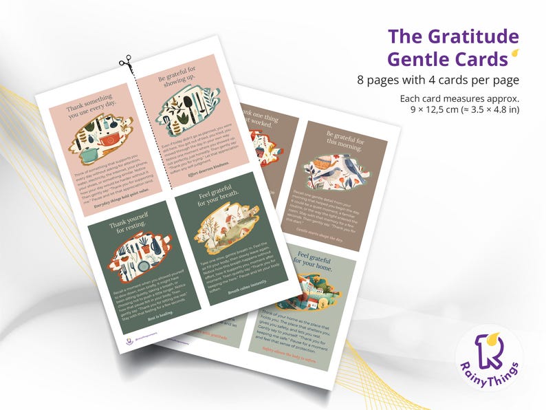 May include: A set of "The Gratitude Gentle Cards" with illustrations and text. Each card measures approximately 3.5 x 4.8 inches. The cards feature phrases like "Thank something you use every day" and "Feel grateful for your breath."