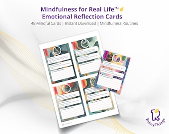 May include: Mindfulness for Real Life Emotional Reflection Cards with the text "48 Mindful Cards | Instant Download | Mindfulness Routines". The cards have colorful abstract art and prompts for emotional reflection. The Rainy Things logo is in the bottom right.