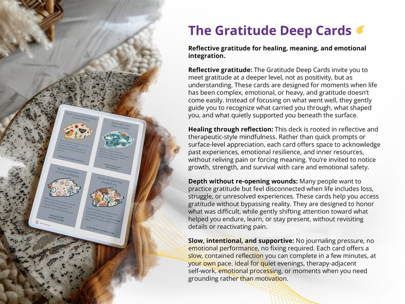 May include: A deck of 'The Gratitude Deep Cards' with four illustrated cards. The cards, featuring colourful designs, are displayed on a neutral surface. Text describes the deck's purpose: reflective gratitude for healing and emotional integration.