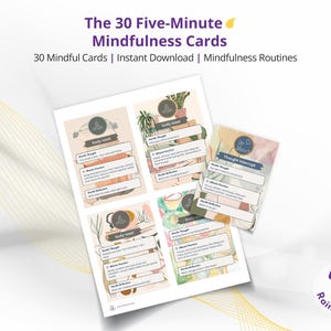 May include: A set of mindfulness cards with the title "The 30 Five-Minute Mindfulness Cards." The cards contain prompts and illustrations for mindfulness exercises. The design includes a logo that says "Rainy Things."