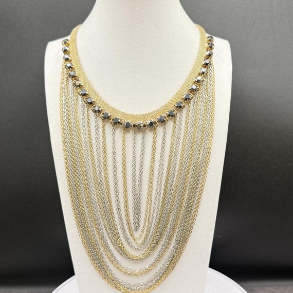 Gold & Silver Multi-Layer Statement Necklace w/ C… - image 2