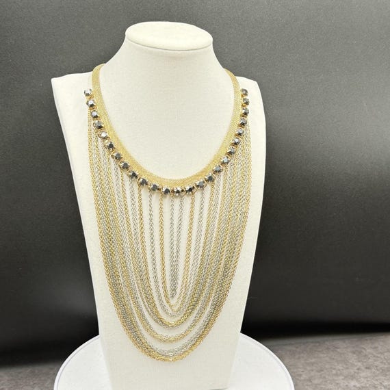 Gold & Silver Multi-Layer Statement Necklace w/ C… - image 3