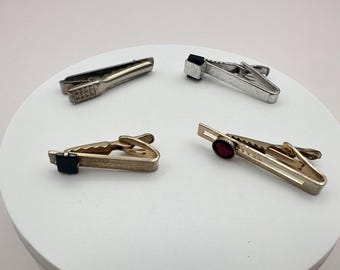 Vintage 80s Men's Tie Bar Clips Set Gold & Silver Tone Glass Stone Retro Jewelry