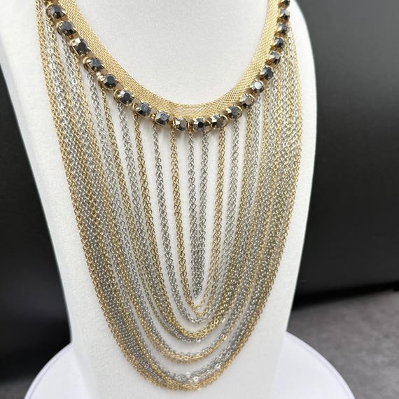 Gold & Silver Multi-Layer Statement Necklace w/ C… - image 5
