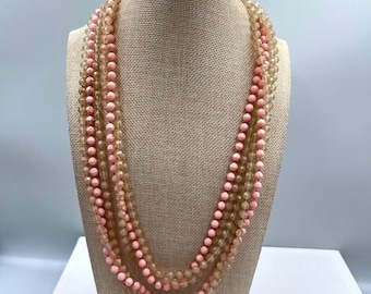 Vintage Multi Strand Beaded Necklace Pink Faceted Glass Long Layered Statement