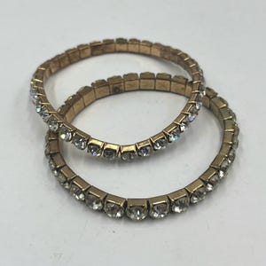 Vintage Set of 2 Clear Rhinestone Gold Tone Flex Stretch Bracelets Stackable 7"