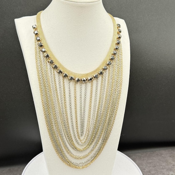 Gold & Silver Multi-Layer Statement Necklace w/ C… - image 4