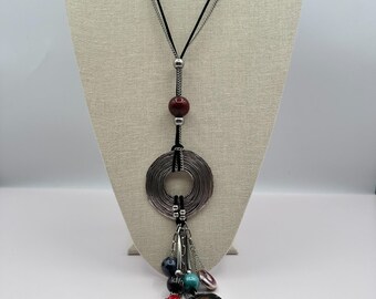 Vintage 90s Multi-Stone Tassel Statement Silver Tone Necklace Boho Fashion