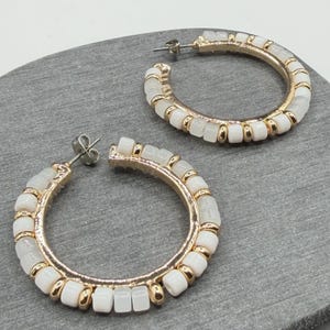 White Beaded Gold Tone Hoop Earrings Chunky Statement Boho Fashion Jewelry Gift