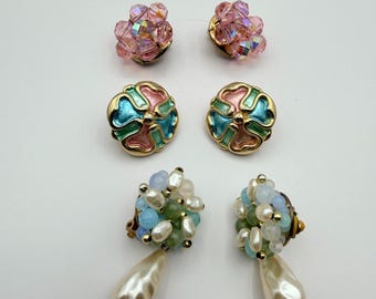 Zestaw kolczyków z fasetowanymi koralikami w kolorze różowym z lat 90. w kształcie klastra ze szkła, biżuteria damska