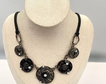 Vintage Boho Statement Necklace Mixed Metal Black Enamel Rhinestone Suede Cord
