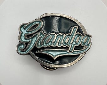 Vintage 80s Belt Buckle Silver Tone Pewter Blue Enamel American Retro Jewelry