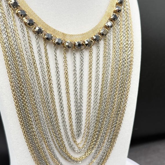 Gold & Silver Multi-Layer Statement Necklace w/ C… - image 7