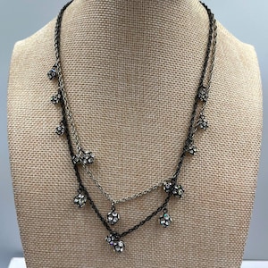 VTG Loft Layered Chain Necklace Black Silver Tone Rhinestone Dangle Bead Cluster